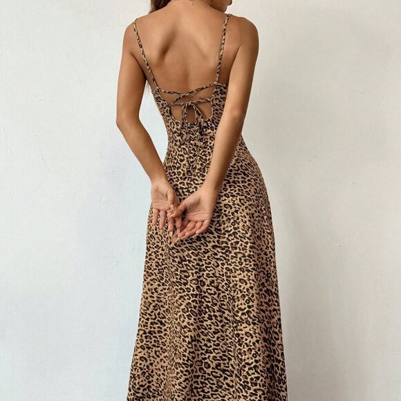 Multicolor Sexy Women's Leopard Print Backless Strappy Swing Dress - Picture 3 of 6